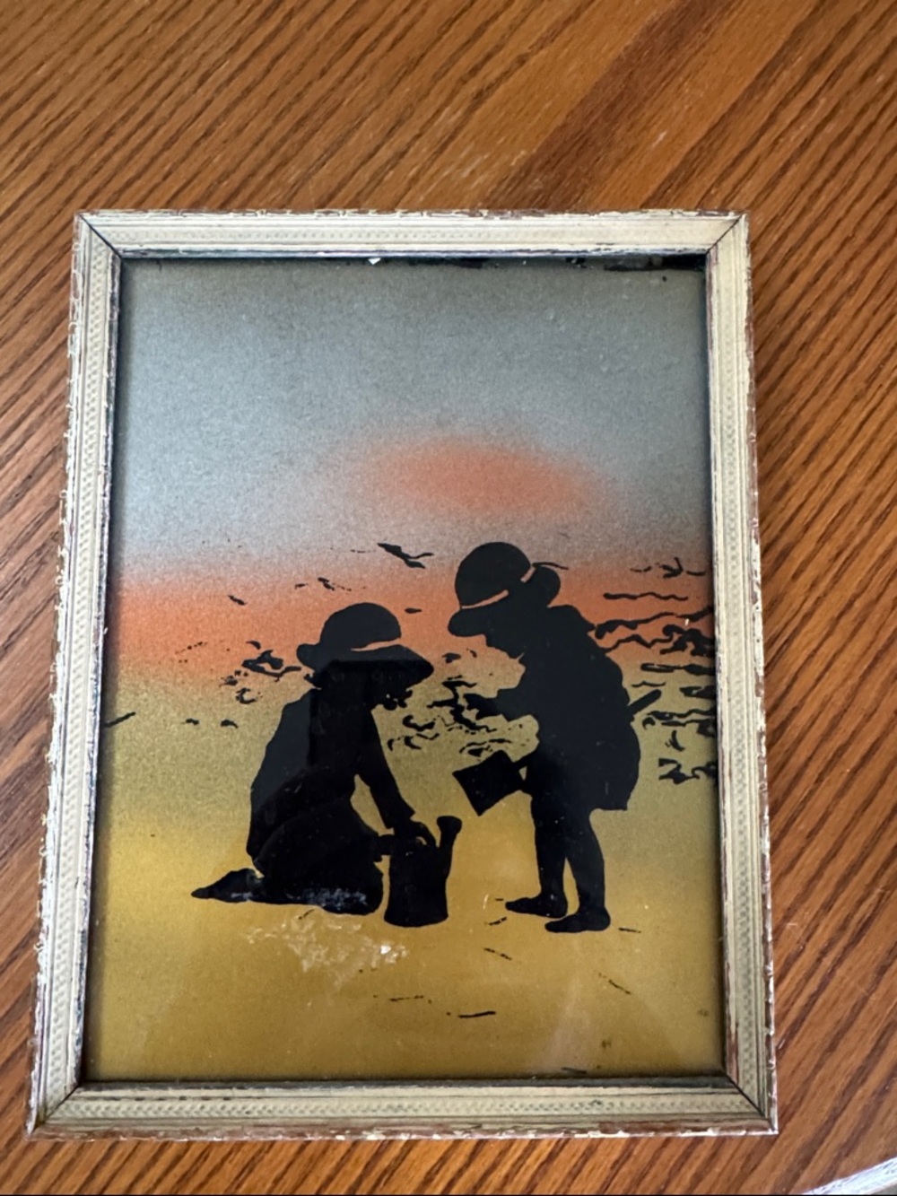 Vintage Framed Silhouette Beach Children Wall Art in Black and Gold